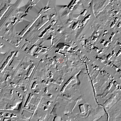 Shaded relief map of the ground around GL537HS, computed from Environment Agency LiDAR. The ground here sits at about 59 m above sea level and falls 14 m across the surrounding 800 m. Surface water reaching this point runs off ground lying to the south-south-east, 1.5 m higher.