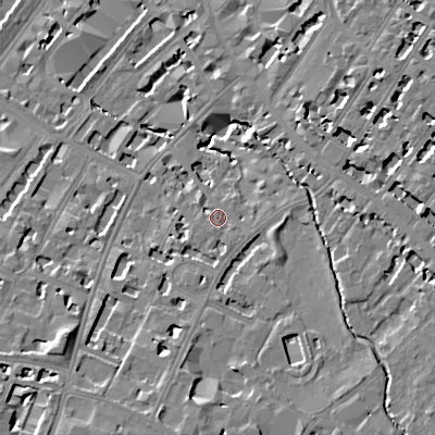 Shaded relief map of the ground around GL537HT, computed from Environment Agency LiDAR. The ground here sits at about 60 m above sea level and falls 14 m across the surrounding 800 m. Surface water reaching this point runs off ground lying to the south, 8.3 m higher.