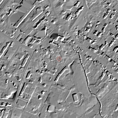 Shaded relief map of the ground around GL537HU, computed from Environment Agency LiDAR. The ground here sits at about 60 m above sea level and falls 14 m across the surrounding 800 m. Surface water reaching this point runs off ground lying to the east-north-east, 8.6 m higher.