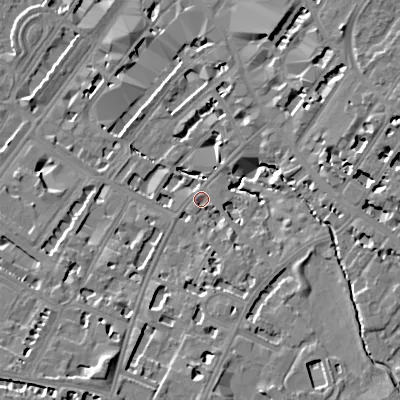 Shaded relief map of the ground around GL537HW, computed from Environment Agency LiDAR. The ground here sits at about 59 m above sea level and falls 15 m across the surrounding 800 m. Surface water reaching this point runs off ground lying to the south-south-west, 8.9 m higher.
