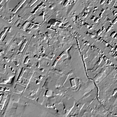 Shaded relief map of the ground around GL537HX, computed from Environment Agency LiDAR. The ground here sits at about 60 m above sea level and falls 16 m across the surrounding 800 m. Surface water reaching this point runs off ground lying to the south, 9.0 m higher.
