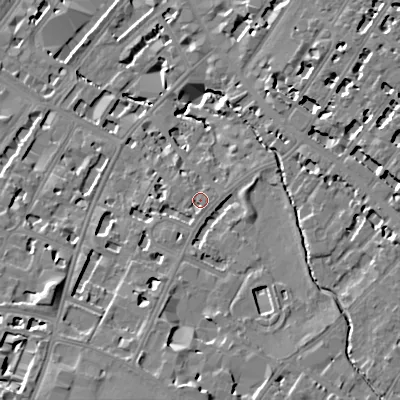 Shaded relief map of the ground around GL537HY, computed from Environment Agency LiDAR. The ground here sits at about 61 m above sea level and falls 16 m across the surrounding 800 m. Surface water reaching this point runs off ground lying to the south, 9.0 m higher.