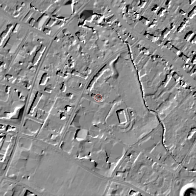 Shaded relief map of the ground around GL537HZ, computed from Environment Agency LiDAR. The ground here sits at about 61 m above sea level and falls 17 m across the surrounding 800 m. Surface water reaching this point runs off ground lying to the south-south-west, 12.0 m higher.