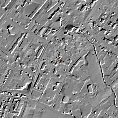 Shaded relief map of the ground around GL537JL, computed from Environment Agency LiDAR. The ground here sits at about 60 m above sea level and falls 17 m across the surrounding 800 m. Surface water reaching this point runs off ground lying to the south-south-east, 3.2 m higher.