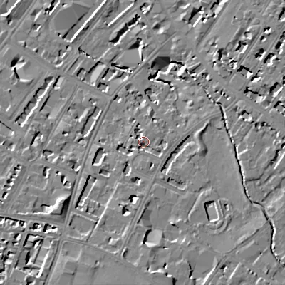 Shaded relief map of the ground around GL537JN, computed from Environment Agency LiDAR. The ground here sits at about 61 m above sea level and falls 17 m across the surrounding 800 m. Surface water reaching this point runs off ground lying to the south-south-east, 2.6 m higher.