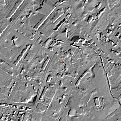 Shaded relief map of the ground around GL537JR, computed from Environment Agency LiDAR. The ground here sits at about 59 m above sea level and falls 16 m across the surrounding 800 m. Surface water reaching this point runs off ground lying to the south, 6.1 m higher.
