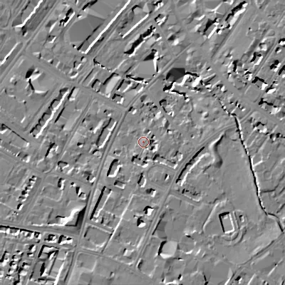 Shaded relief map of the ground around GL537JS, computed from Environment Agency LiDAR. The ground here sits at about 60 m above sea level and falls 16 m across the surrounding 800 m. Surface water reaching this point runs off ground lying to the south, 5.8 m higher.