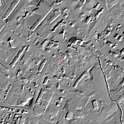 Shaded relief map of the ground around GL537JW, computed from Environment Agency LiDAR. The ground here sits at about 60 m above sea level and falls 16 m across the surrounding 800 m. Surface water reaching this point runs off ground lying to the south-south-east, 3.2 m higher.