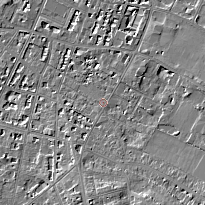 Shaded relief map of the ground around GL537LU, computed from Environment Agency LiDAR. The ground here sits at about 69 m above sea level and falls 14 m across the surrounding 800 m. Surface water reaching this point runs off ground lying to the south, 8.0 m higher.