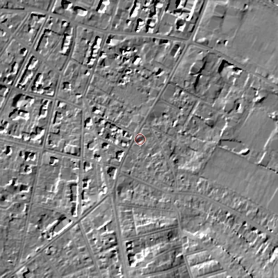 Shaded relief map of the ground around GL537NE, computed from Environment Agency LiDAR. The ground here sits at about 70 m above sea level and falls 17 m across the surrounding 800 m. Surface water reaching this point runs off ground lying to the south-south-east, 10.5 m higher.