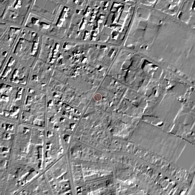 Shaded relief map of the ground around GL537NF, computed from Environment Agency LiDAR. The ground here sits at about 70 m above sea level and falls 15 m across the surrounding 800 m. Surface water reaching this point runs off ground lying to the south-south-east, 8.8 m higher.
