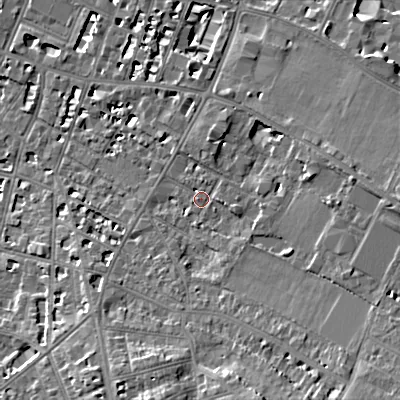 Shaded relief map of the ground around GL537NH, computed from Environment Agency LiDAR. The ground here sits at about 70 m above sea level and falls 15 m across the surrounding 800 m. Surface water reaching this point runs off ground lying to the east, 1.3 m higher.