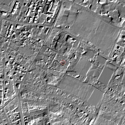 Shaded relief map of the ground around GL537NJ, computed from Environment Agency LiDAR. The ground here sits at about 71 m above sea level and falls 16 m across the surrounding 800 m. Surface water reaching this point runs off ground lying to the east, 4.4 m higher.