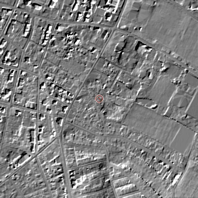 Shaded relief map of the ground around GL537NP, computed from Environment Agency LiDAR. The ground here sits at about 70 m above sea level and falls 15 m across the surrounding 800 m. Surface water reaching this point runs off ground lying to the south-south-east, 10.1 m higher.