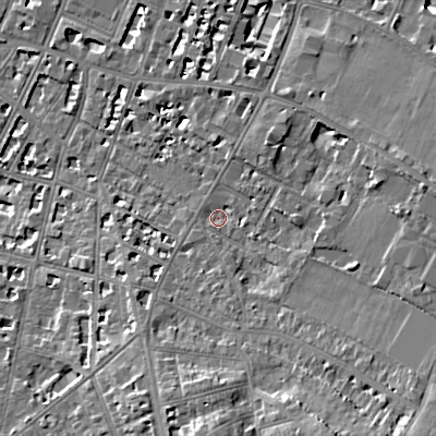 Shaded relief map of the ground around GL537NW, computed from Environment Agency LiDAR. The ground here sits at about 69 m above sea level and falls 15 m across the surrounding 800 m. Surface water reaching this point runs off ground lying to the south-south-east, 9.5 m higher.