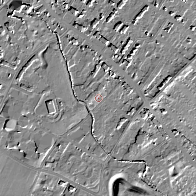 Shaded relief map of the ground around GL537PU, computed from Environment Agency LiDAR. The ground here sits at about 64 m above sea level and falls 18 m across the surrounding 800 m. Surface water reaching this point runs off ground lying to the east, 2.9 m higher.
