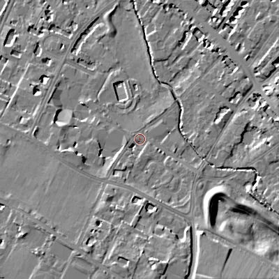 Shaded relief map of the ground around GL537PX, computed from Environment Agency LiDAR. The ground here sits at about 64 m above sea level and falls 18 m across the surrounding 800 m. Surface water reaching this point runs off ground lying to the south-south-west, 3.5 m higher.