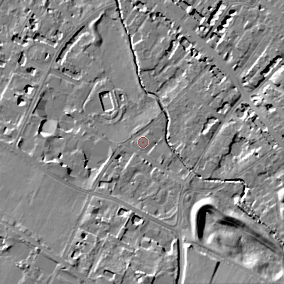 Shaded relief map of the ground around GL537PY, computed from Environment Agency LiDAR. The ground here sits at about 64 m above sea level and falls 18 m across the surrounding 800 m. Surface water reaching this point runs off ground lying to the west, 0.6 m higher.