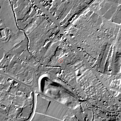 Shaded relief map of the ground around GL537QH, computed from Environment Agency LiDAR. The ground here sits at about 66 m above sea level and falls 21 m across the surrounding 800 m. Surface water reaching this point runs off ground lying to the east-south-east, 5.1 m higher.