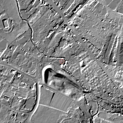 Shaded relief map of the ground around GL537QS, computed from Environment Agency LiDAR. The ground here sits at about 65 m above sea level and falls 21 m across the surrounding 800 m. Surface water reaching this point runs off ground lying to the east-south-east, 17.1 m higher.