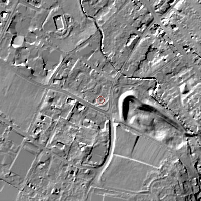 Shaded relief map of the ground around GL537QX, computed from Environment Agency LiDAR. The ground here sits at about 66 m above sea level and falls 18 m across the surrounding 800 m. Surface water reaching this point runs off ground lying to the west, 3.0 m higher.