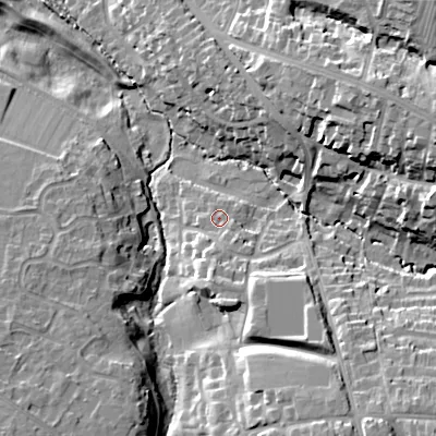 Shaded relief map of the ground around GL537RY, computed from Environment Agency LiDAR. The ground here sits at about 73 m above sea level and falls 24 m across the surrounding 800 m. Surface water reaching this point runs off ground lying to the south, 5.5 m higher.