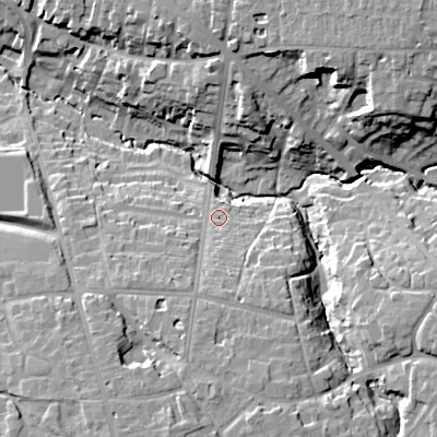 Shaded relief map of the ground around GL538AG, computed from Environment Agency LiDAR. The ground here sits at about 79 m above sea level and falls 25 m across the surrounding 800 m. Surface water reaching this point runs off ground lying to the south, 12.9 m higher.