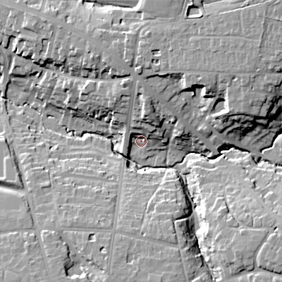 Shaded relief map of the ground around GL538BS, computed from Environment Agency LiDAR. The ground here sits at about 75 m above sea level and falls 26 m across the surrounding 800 m. Surface water reaching this point runs off ground lying to the north-east, 20.3 m higher.