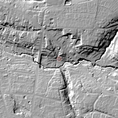 Shaded relief map of the ground around GL538BW, computed from Environment Agency LiDAR. The ground here sits at about 76 m above sea level and falls 27 m across the surrounding 800 m. Surface water reaching this point runs off ground lying to the north-north-west, 12.7 m higher.