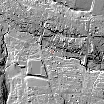 Shaded relief map of the ground around GL538HD, computed from Environment Agency LiDAR. The ground here sits at about 71 m above sea level and falls 26 m across the surrounding 800 m. Surface water reaching this point runs off ground lying to the east-north-east, 19.0 m higher.
