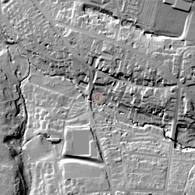 Shaded relief map of the ground around GL538HW, computed from Environment Agency LiDAR. The ground here sits at about 71 m above sea level and falls 30 m across the surrounding 800 m. Surface water reaching this point runs off ground lying to the east-north-east, 20.3 m higher.