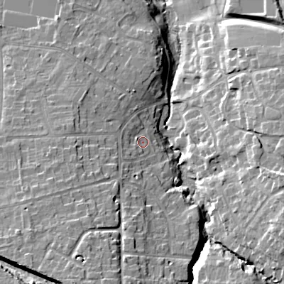 Shaded relief map of the ground around GL539BP, computed from Environment Agency LiDAR. The ground here sits at about 80 m above sea level and falls 22 m across the surrounding 800 m. Surface water reaching this point runs off ground lying to the south-west, 3.0 m higher.