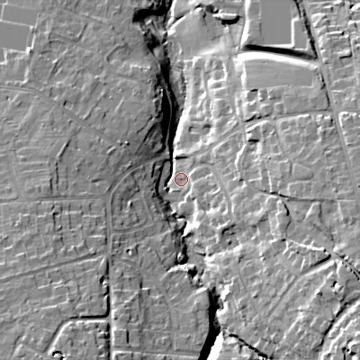 Shaded relief map of the ground around GL539BQ, computed from Environment Agency LiDAR. The ground here sits at about 76 m above sea level and falls 23 m across the surrounding 800 m. Surface water reaching this point runs off ground lying to the south-east, 17.6 m higher.