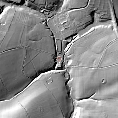 Shaded relief map of the ground around GL539NH, computed from Environment Agency LiDAR. The ground here sits at about 179 m above sea level and falls 32 m across the surrounding 800 m. Surface water reaching this point runs off ground lying to the west, 23.9 m higher.