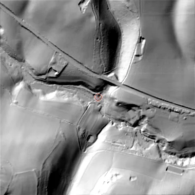 Shaded relief map of the ground around GL539NW, computed from Environment Agency LiDAR. The ground here sits at about 166 m above sea level and falls 82 m across the surrounding 800 m. Surface water reaching this point runs off ground lying to the south-west, 75.5 m higher.