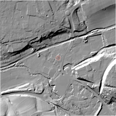 Shaded relief map of the ground around GL53AE, computed from Environment Agency LiDAR. The ground here sits at about 34 m above sea level and falls 32 m across the surrounding 800 m. Surface water reaching this point runs off ground lying to the north-east, 1.3 m higher.