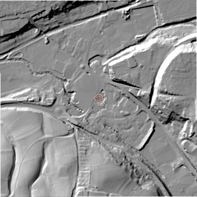 Shaded relief map of the ground around GL53AS, computed from Environment Agency LiDAR. The ground here sits at about 34 m above sea level and falls 43 m across the surrounding 800 m. Surface water reaching this point runs off ground lying to the south-south-west, 41.6 m higher.