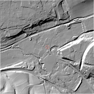 Shaded relief map of the ground around GL53AT, computed from Environment Agency LiDAR. The ground here sits at about 34 m above sea level and falls 33 m across the surrounding 800 m. Surface water reaching this point runs off ground lying to the east, 32.0 m higher.