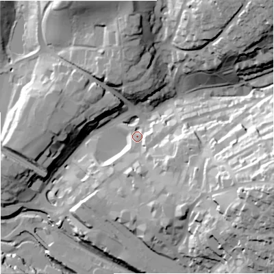 Shaded relief map of the ground around GL53BZ, computed from Environment Agency LiDAR. The ground here sits at about 52 m above sea level and falls 64 m across the surrounding 800 m. Surface water reaching this point runs off ground lying to the east-south-east, 52.1 m higher.