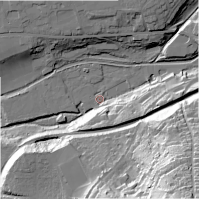 Shaded relief map of the ground around GL53EH, computed from Environment Agency LiDAR. The ground here sits at about 37 m above sea level and falls 81 m across the surrounding 800 m. Surface water reaching this point runs off ground lying to the east, 22.0 m higher.