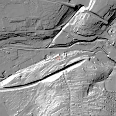 Shaded relief map of the ground around GL53EJ, computed from Environment Agency LiDAR. The ground here sits at about 45 m above sea level and falls 67 m across the surrounding 800 m. Surface water reaching this point runs off ground lying to the south, 18.6 m higher.