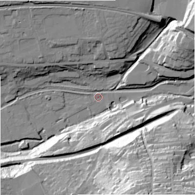 Shaded relief map of the ground around GL53EQ, computed from Environment Agency LiDAR. The ground here sits at about 38 m above sea level and falls 62 m across the surrounding 800 m. Surface water reaching this point runs off ground lying to the south-south-east, 59.4 m higher.