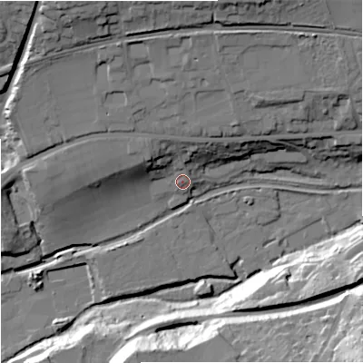 Shaded relief map of the ground around GL53EW, computed from Environment Agency LiDAR. The ground here sits at about 41 m above sea level and falls 42 m across the surrounding 800 m. Surface water reaching this point runs off ground lying to the north-west, 9.0 m higher.