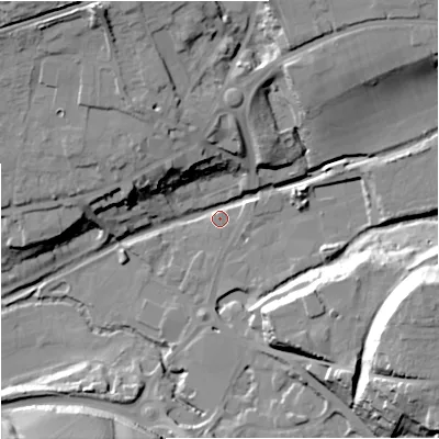 Shaded relief map of the ground around GL53EX, computed from Environment Agency LiDAR. The ground here sits at about 34 m above sea level and falls 33 m across the surrounding 800 m. Surface water reaching this point runs off ground lying to the north-north-west, 25.5 m higher.