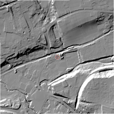 Shaded relief map of the ground around GL53EY, computed from Environment Agency LiDAR. The ground here sits at about 35 m above sea level and falls 33 m across the surrounding 800 m. Surface water reaching this point runs off ground lying to the north-east, 4.4 m higher.