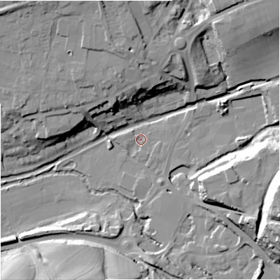Shaded relief map of the ground around GL53HA, computed from Environment Agency LiDAR. The ground here sits at about 33 m above sea level and falls 30 m across the surrounding 800 m. Surface water reaching this point runs off ground lying to the east-north-east, 1.7 m higher.