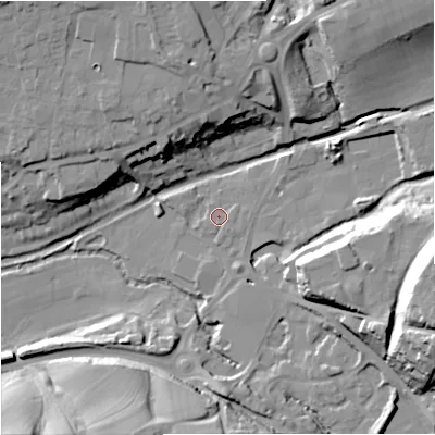 Shaded relief map of the ground around GL53HB, computed from Environment Agency LiDAR. The ground here sits at about 33 m above sea level and falls 31 m across the surrounding 800 m. Surface water reaching this point runs off ground lying to the north-east, 1.5 m higher.