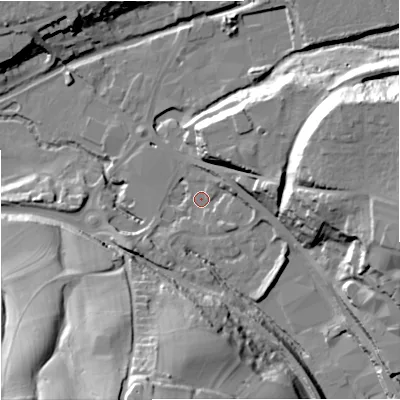 Shaded relief map of the ground around GL53HF, computed from Environment Agency LiDAR. The ground here sits at about 35 m above sea level and falls 44 m across the surrounding 800 m. Surface water reaching this point runs off ground lying to the south-south-west, 41.6 m higher.