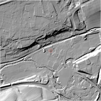 Shaded relief map of the ground around GL53HQ, computed from Environment Agency LiDAR. The ground here sits at about 34 m above sea level and falls 24 m across the surrounding 800 m. Surface water reaching this point runs off ground lying to the north-north-east, 1.2 m higher.