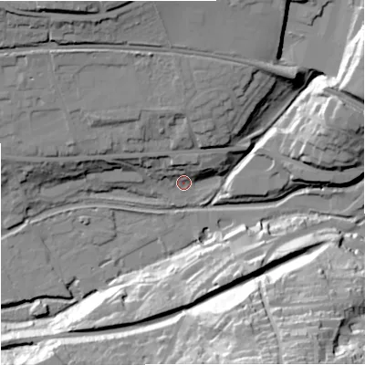 Shaded relief map of the ground around GL53HU, computed from Environment Agency LiDAR. The ground here sits at about 40 m above sea level and falls 52 m across the surrounding 800 m. Surface water reaching this point runs off ground lying to the north-west, 9.3 m higher.